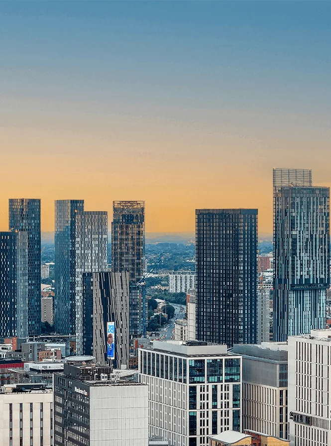 View of Manchester skyline with modern skyscrapers, reflecting rapid growth, rising population, and recognition as one of the world’s most beautiful city skylines.