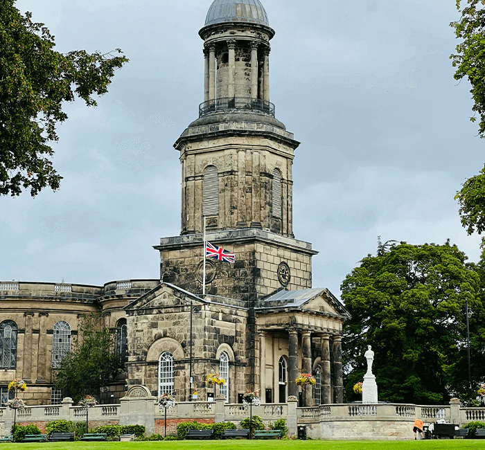 St Chad’s Church in Shrewsbury, Shropshire – a Grade I listed circular church built in 1790–1792, featuring a gold statue on top and known as the largest round church in the UK.