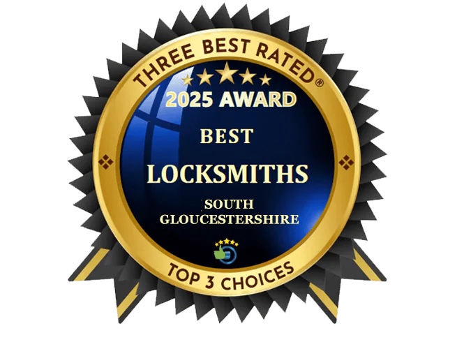 Award badge recognizing the best locksmiths in Gloucestershire for 2025, highlighting top 3 choices on a decorative seal.