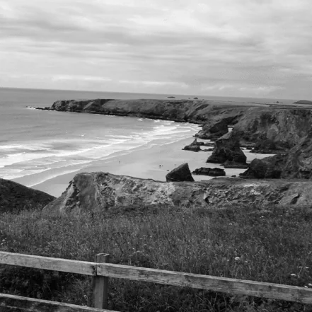 A scenic black-and-white view of a rocky coastline with gentle waves, grassy cliffs, and a cloudy sky above.