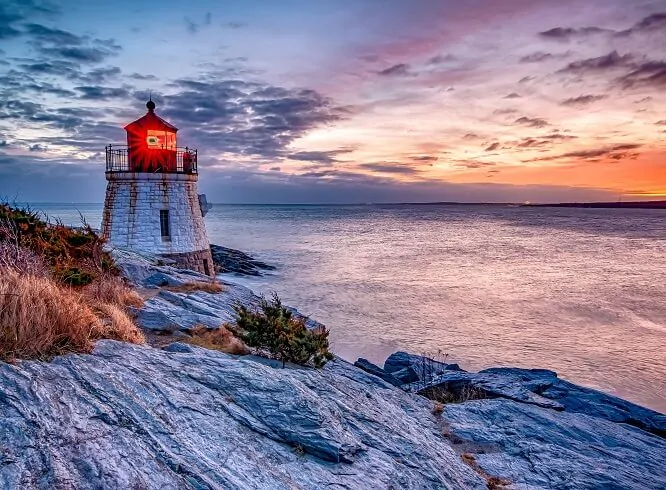 Sunset at Newport with a lighthouse