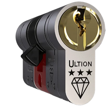 Close-up of an Ultion lock showing its shiny gold keyhole and silver body marked with a diamond logo and three stars for security rating.