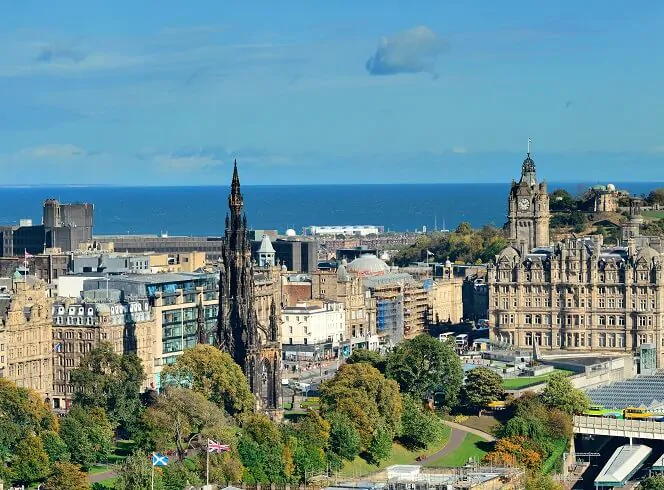 City rooftop view with historical architectures.