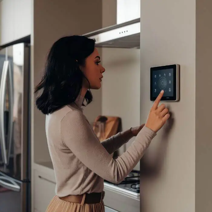 Woman with dark brown hair using a wall-mounted touch screen smart home device in a modern kitchen, dressed in a taupe long-sleeve shirt and beige skirt, with soft natural lighting and neutral-toned cabinets in the background.