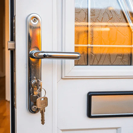 A close-up of a white door slightly open with a silver handle and a key inserted into the lock, showing a set of keys hanging from it.