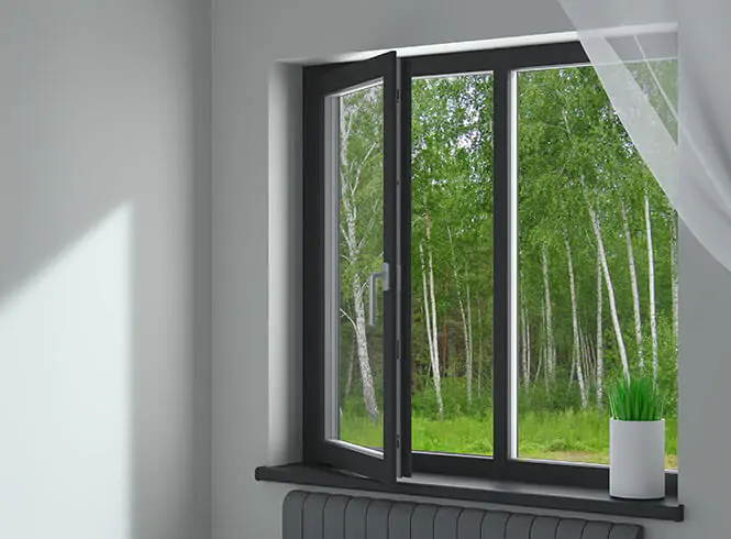black window frame with white netting