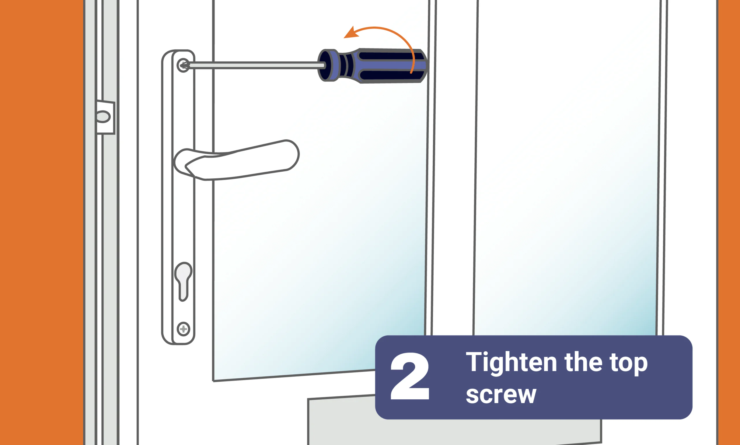 Illustration showing a screwdriver tightening the top screw of a door handle, with instructional text "Tighten the top screw" below.