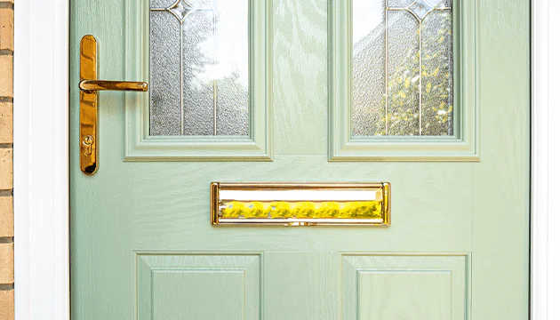 green front door with gold letterbox and handle.