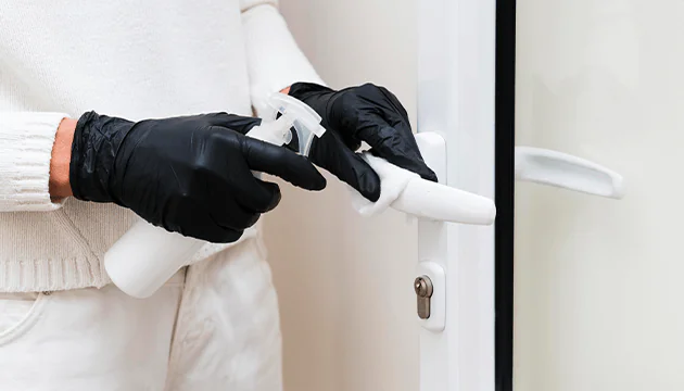 a person wearing black gloves cleaning a white upvc door handle