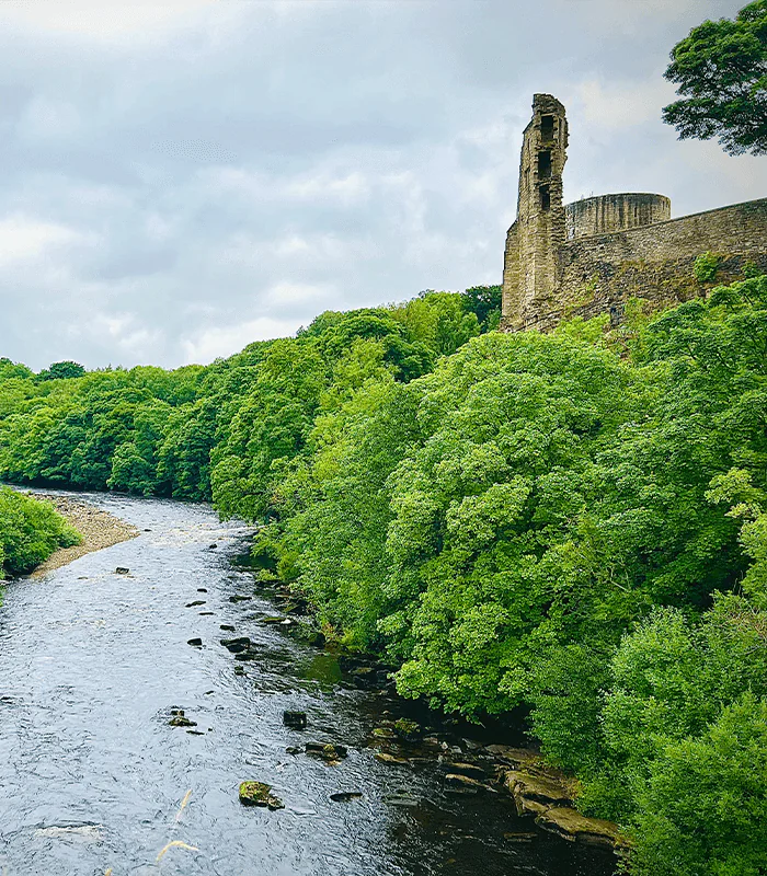A historic stone tower rises above a lush green forest beside a winding river, under a cloudy sky.