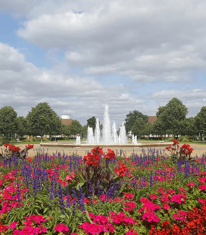 red flower field viewing water fountain under white and blue skies during daytime