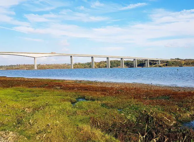 Scenic view of Orwell Bridge in Ipswich stretching across calm blue water under a bright sky with scattered clouds, with marshland and grasses in the foreground and green trees lining the far bank, highlighting the modern bridge design within a peaceful natural landscape.