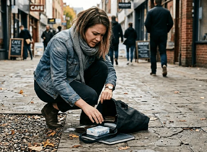 Person crouching on a cobblestone street, searching inside a black bag with a wallet, tissue pack, and notebook visible nearby.