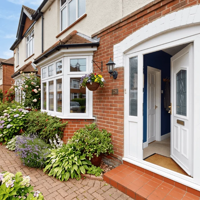Red-brick house with white trim, open door, and blooming flower garden. A hanging basket adds charm to the home’s welcoming, cozy atmosphere.